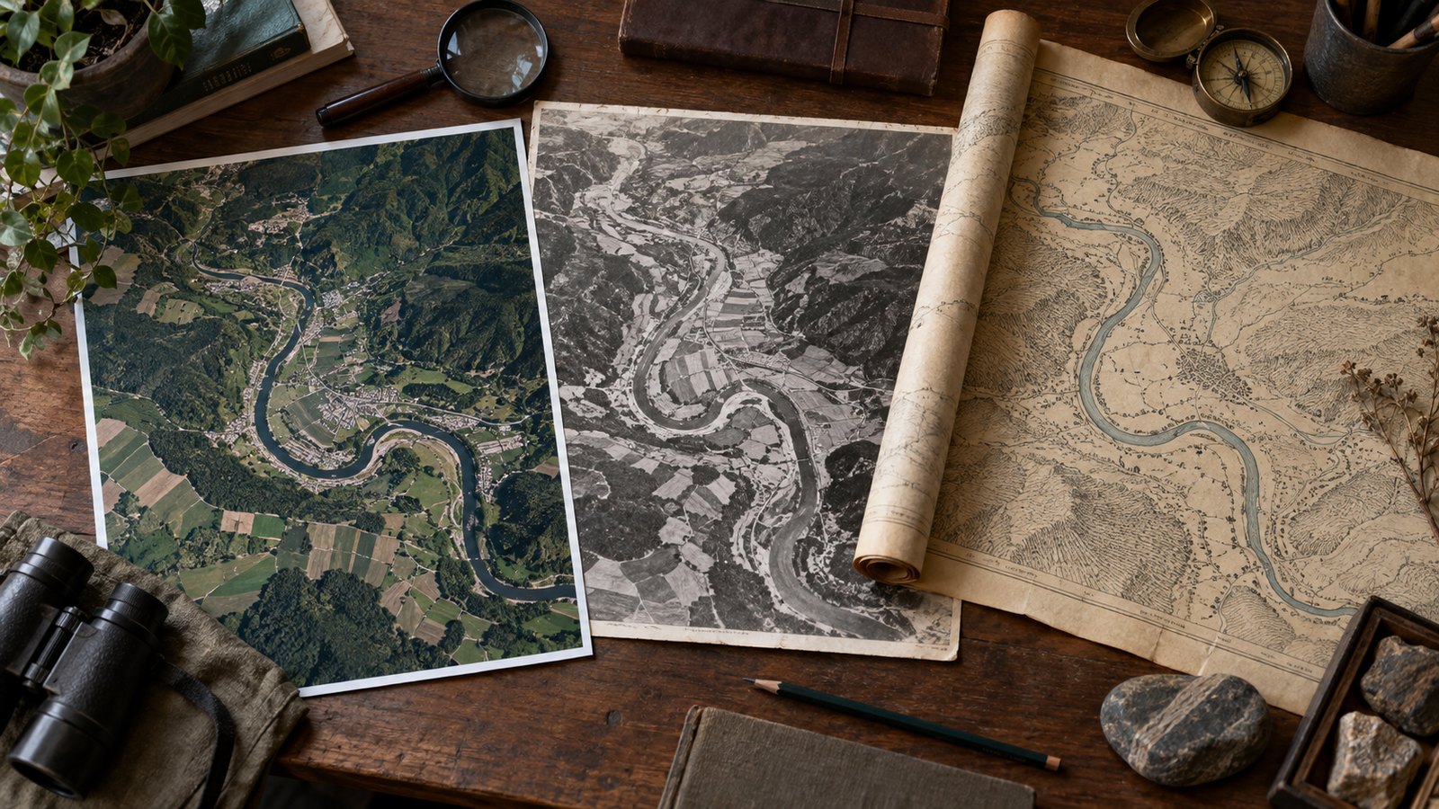 An archive table with satellite scenes, aerial photographs and old maps