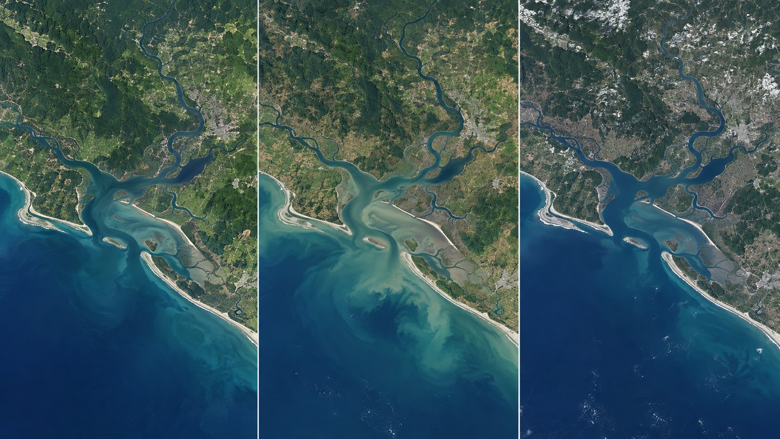 A satellite timeline map showing one landscape across several dated image tiles