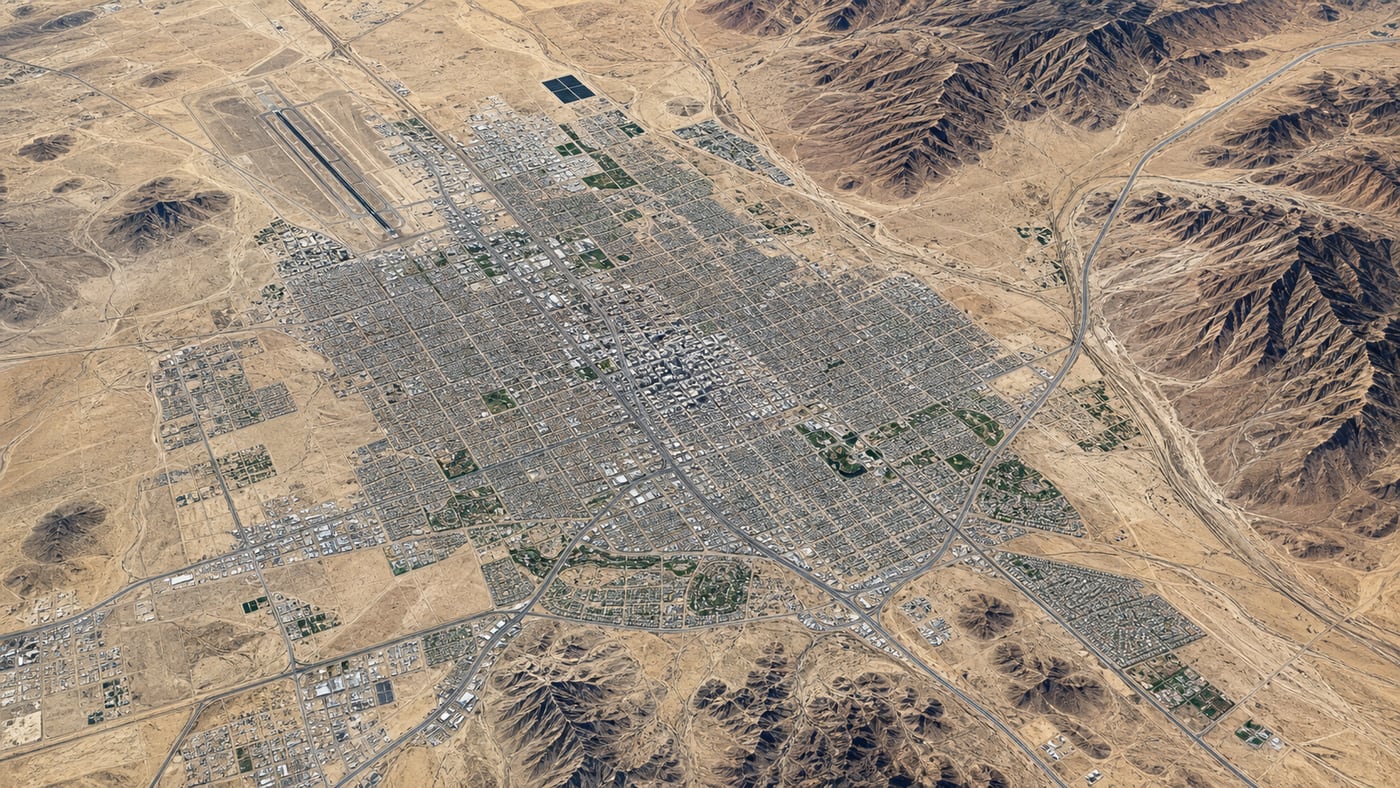 Satellite-style JPEG image of a desert city expanding around roads