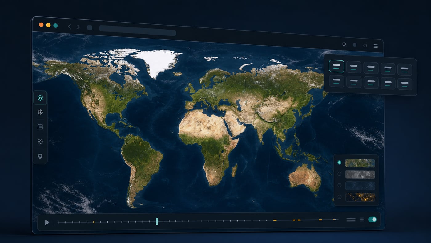 JPEG concept image of a multilingual satellite map interface