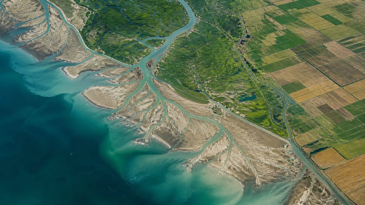 Satellite-style JPEG image of a river delta, wetlands, and farmland