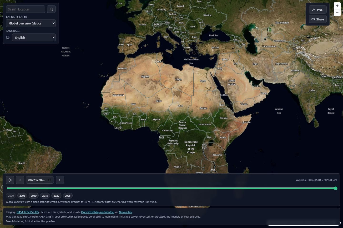 English screenshot of the EarthTrace map viewer